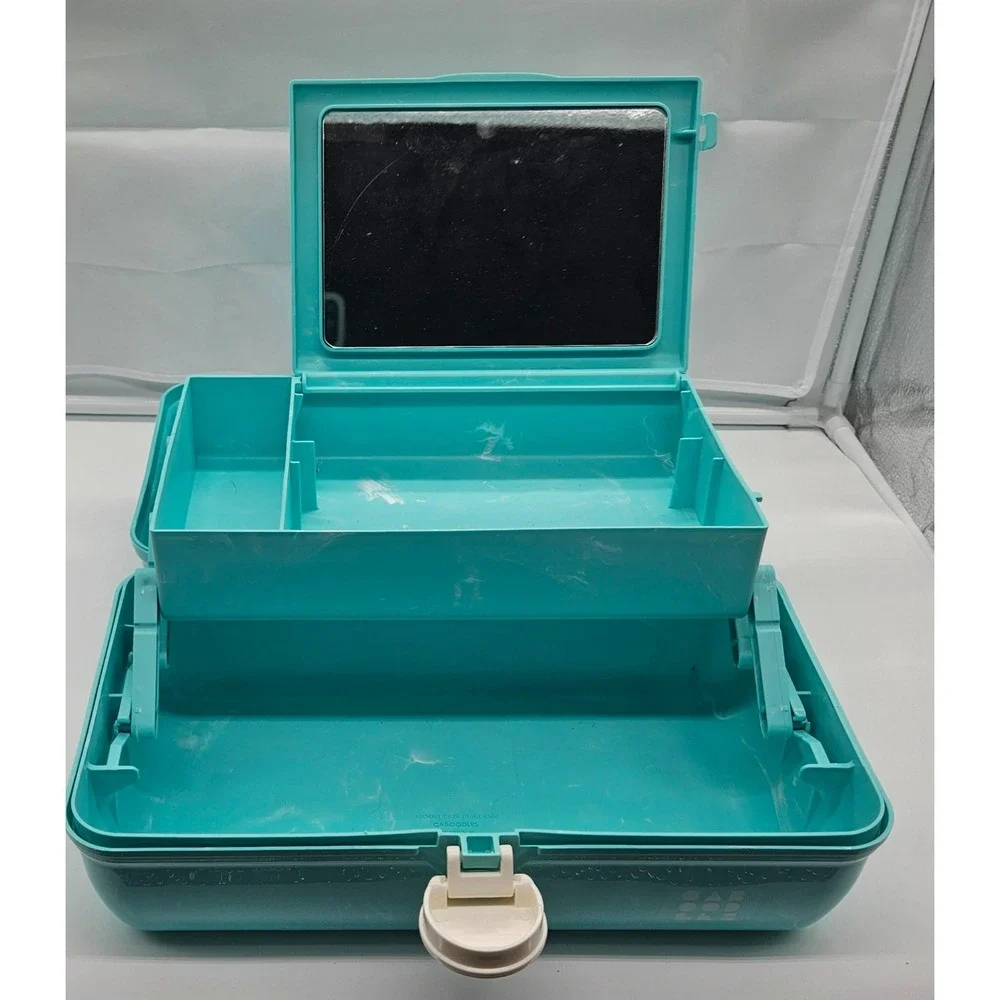 Caboodles Vintage‎ Teal Marble Swirl Carry All Cosmetic Makeup Organizer Case